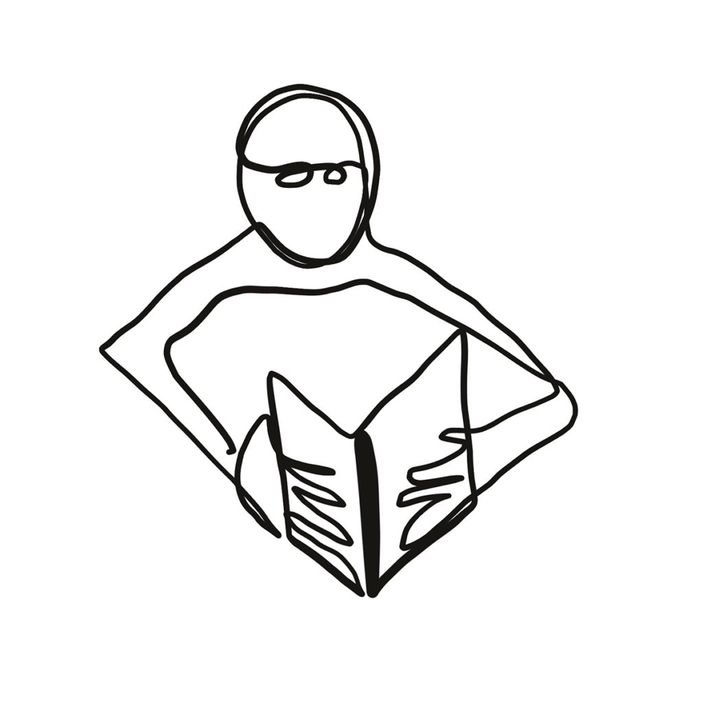 Continuous line drawing by Alfredo Cottin. Minimalist portrait of a man reading a book.