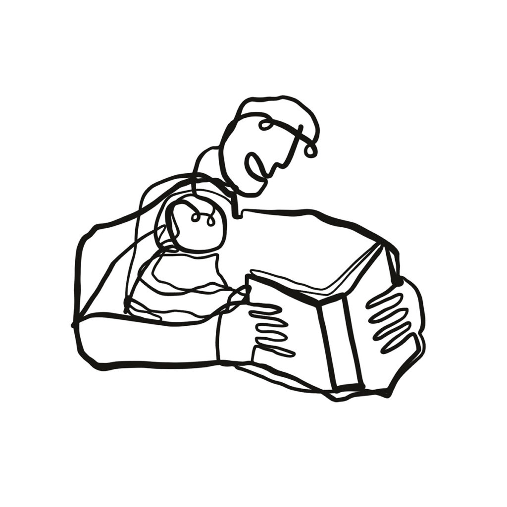 Continuous line drawing by Alfredo Cottin. Minimalist portrait of a man and a child reading a book.