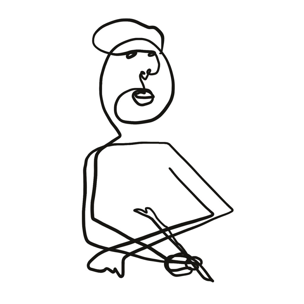 Continuous line drawing by Alfredo Cottin. Minimalist portrait of a man holding a pencil.