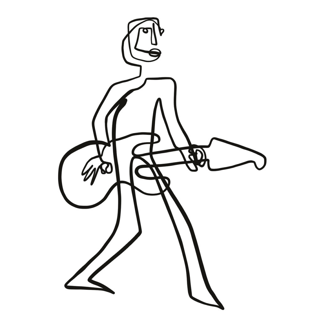 Continuous line drawing by Alfredo Cottin. Minimalist portrait of a man playing guitar.