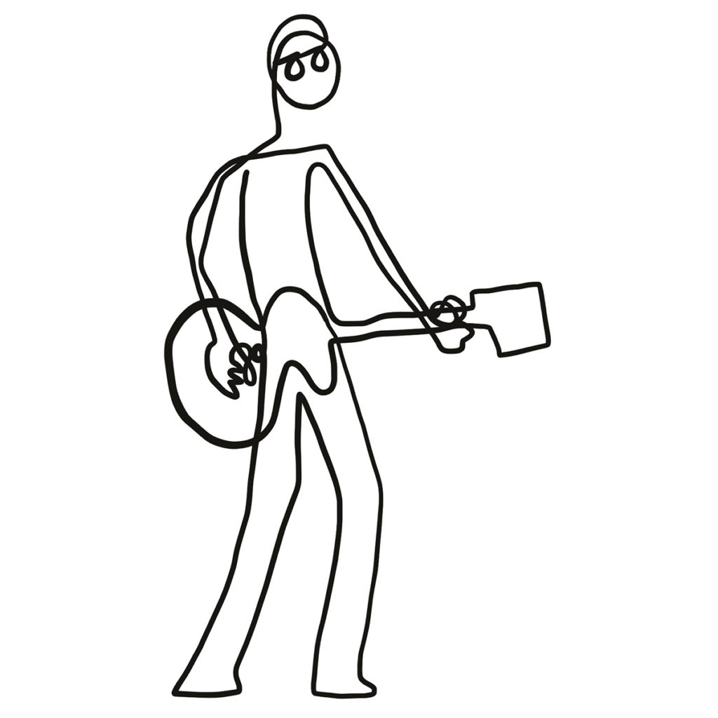 Continuous line drawing by Alfredo Cottin. Minimalist portrait of a man playing guitar.