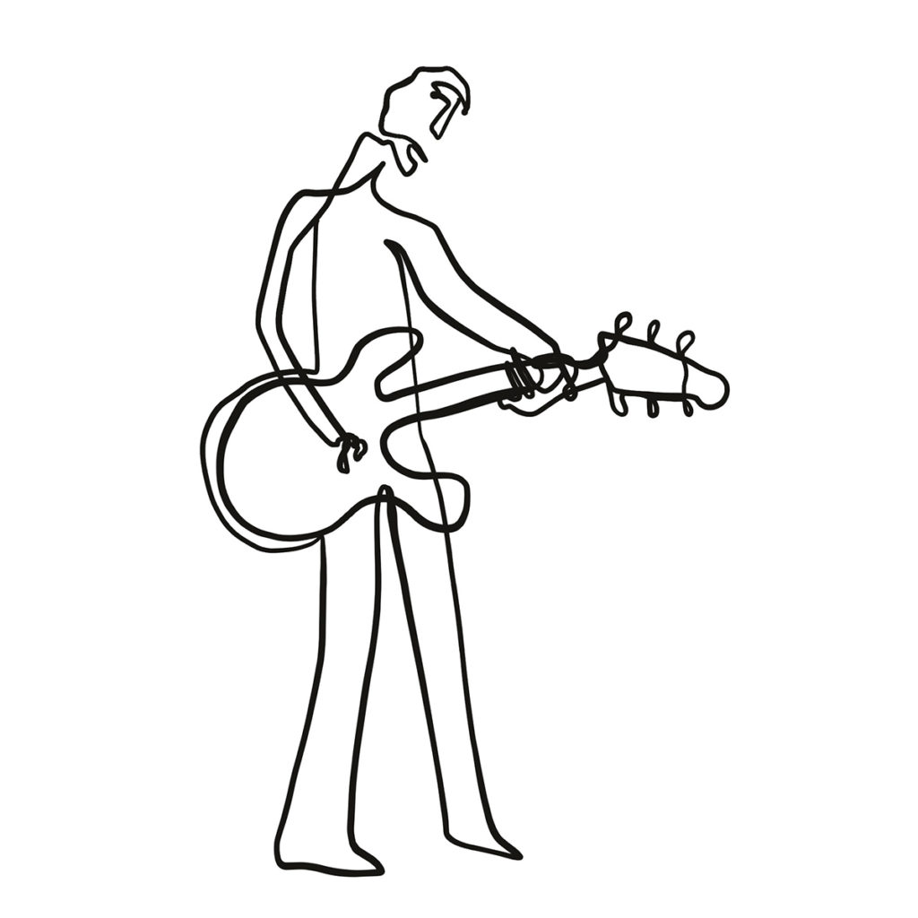 Continuous line drawing by Alfredo Cottin. Minimalist portrait of a man playing guitar.