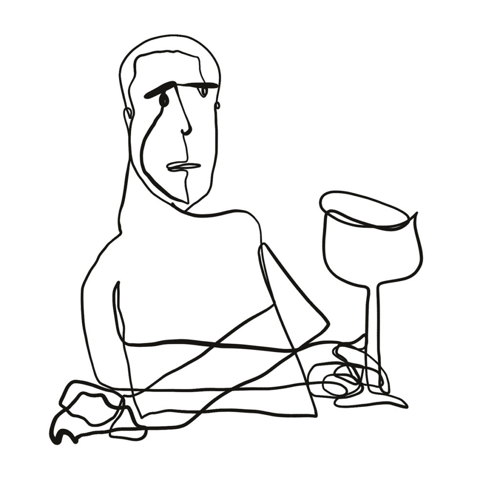 Continuous line drawing by Alfredo Cottin. Minimalist portrait of a man with a drink.